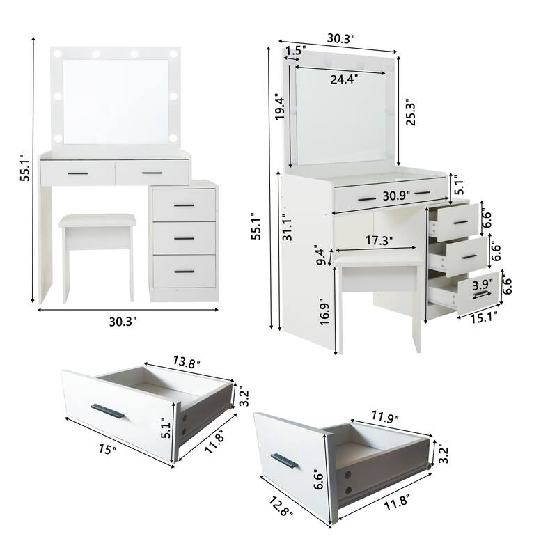Adjustable Vanity Table with LED Mirror, 5 Drawers, Sliding Storage & Stool, Touch Light Modes