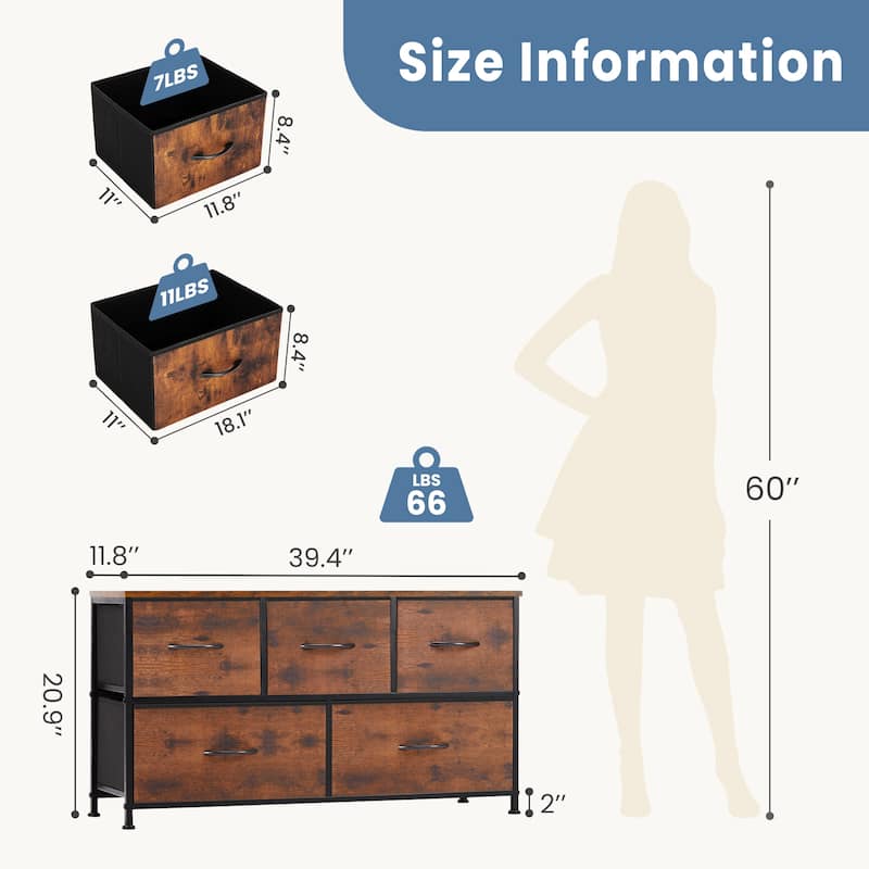 Tall Dresser Storage Tower with 5 Fabric Drawers
