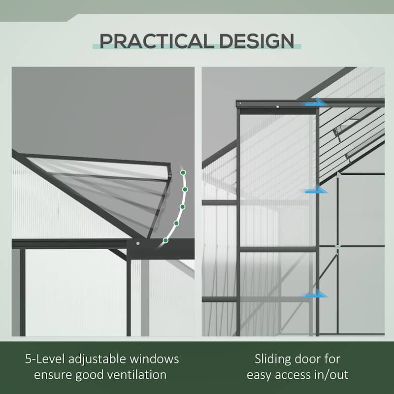 Outsunny 20' x 8' Aluminum Greenhouse Polycarbonate Walk-in Garden Greenhouse Kit with Adjustable Roof Vent