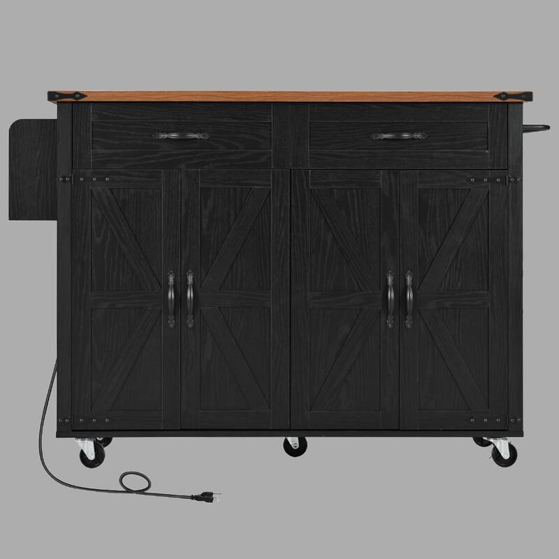 53.5" Rolling Farmhouse Kitchen Island Cart with Drop Leaf, Charging Station, Storage Cabinet, Spice Rack, and Drawer - Black