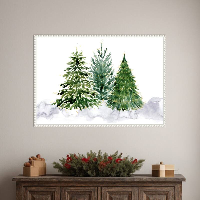 Three watercolor Christmas trees by Rosana Laiz Blursbyai Framed Canvas Wall Art Print