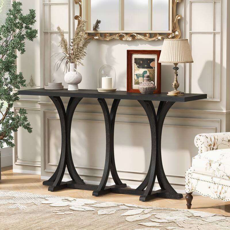 Wooden Console Table with Oak Veneer Top,Farmhouse Entryway Table with Rubber Wood Slender Curved Legs
