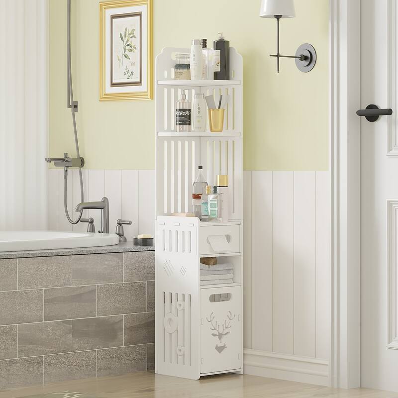 Javlergo White PVC Bathroom Cabinet Multi-Layer Corner Storage Cabinet with Toilet Paper Holder and Trash Bucket
