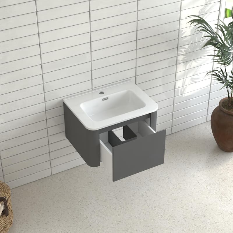 24" Grey Wall Mounted Bathroom Vanity with Basin Floating Vanity Drawer Bathroom Cabinet with White Ceramic Integrated Basin