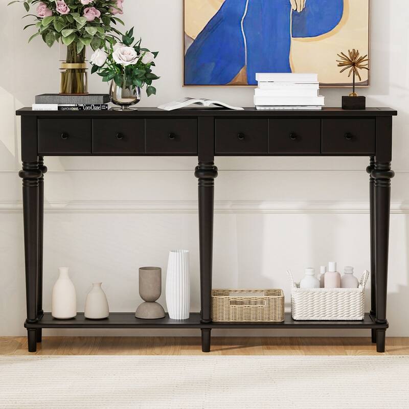Retro Console Table with Open Shelf and 4 Drawers for Entryways