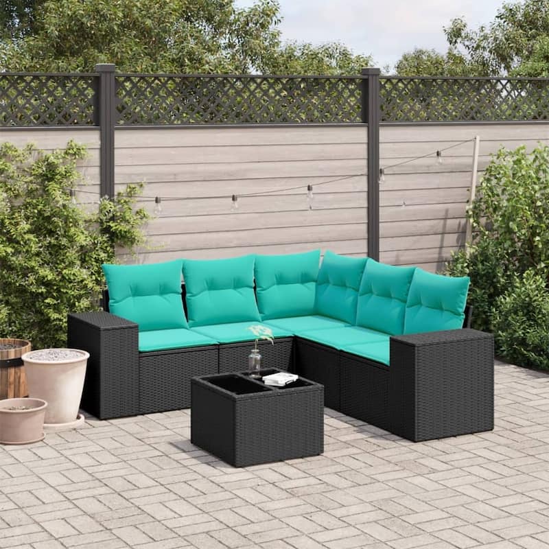 vidaXL Patio Sofa Set with Cushions Outdoor Conversation Furniture Poly Rattan - 24.4 x 24.4 x 27.2 - Black-With table