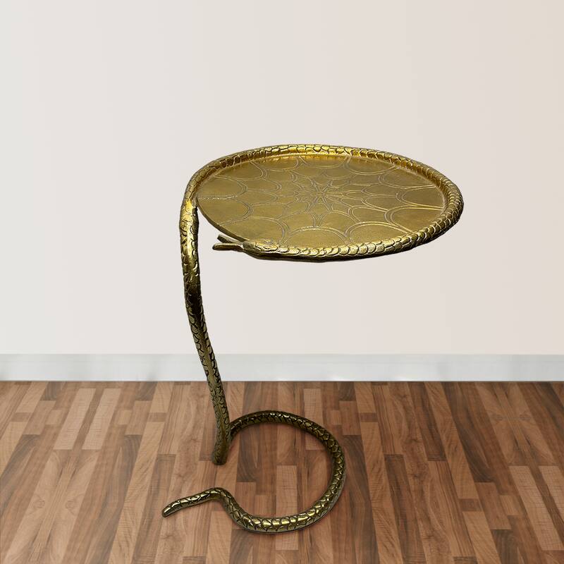 22 Inch Side End Table, Handcrafted Textured Snake Skin Pattern Base, Brass Aluminum