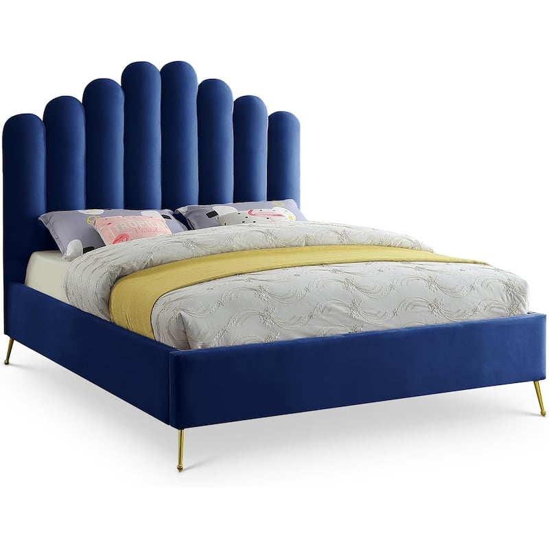52 in.H Blue Wood Frame Queen Size Panel Bed with Velvet Upholstery Material and Bed Frame Mounted