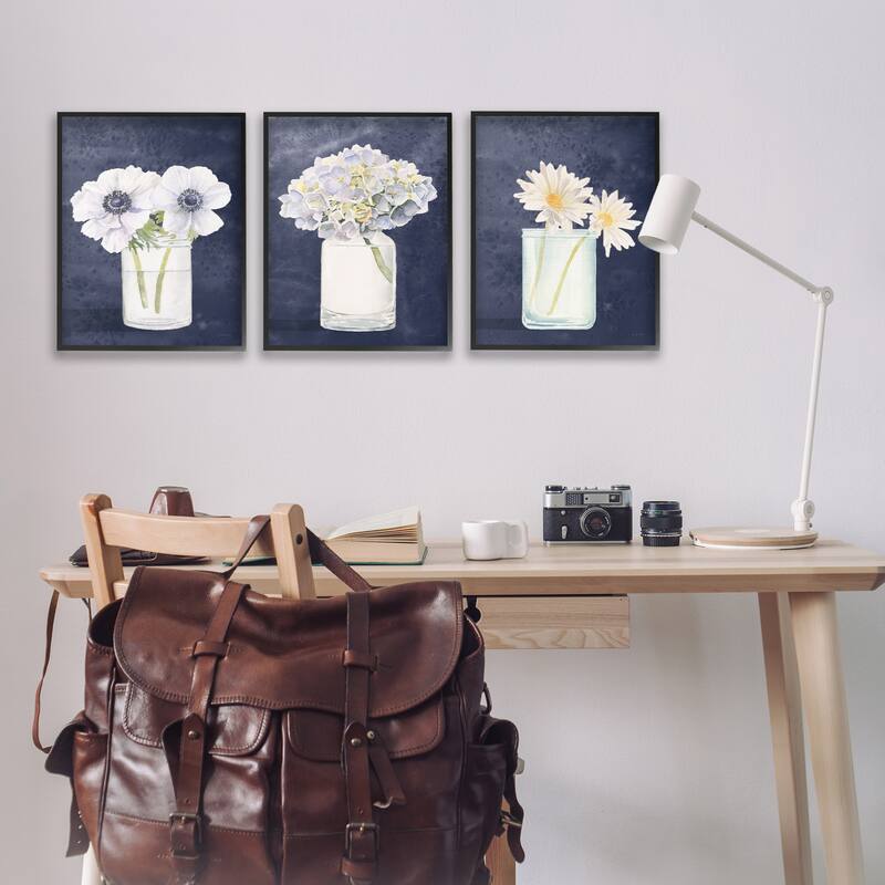 Stupell Farmhouse Flower Bouquets Navy Blue White Painting,3pc,3pc Multi Piece Framed Wall Art Set