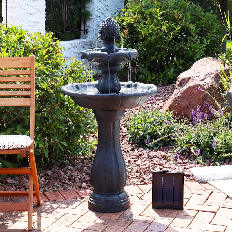 2-Tier Pineapple Solar Outdoor Water Fountain w/ Battery - 46" - Black - 46-Inch
