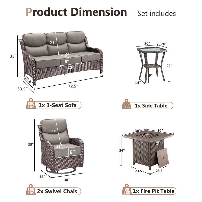 Pocassy 5 Pieces Outdoor 6" Sofa Swivel Chair with Fire Pit Table