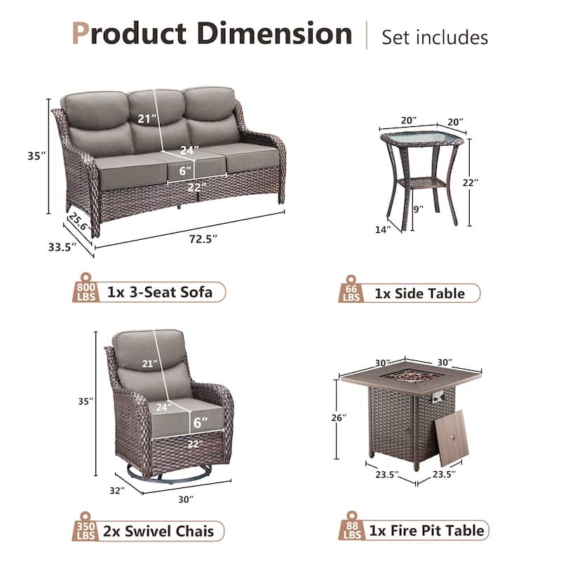 Pocassy Outdoor 6" Sofa Swivel Chair with Fire Pit Table