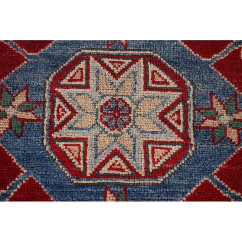Red Geometric Kazak Oriental Area Rug Hand-Knotted Wool Carpet - 6'8" x 9'7"