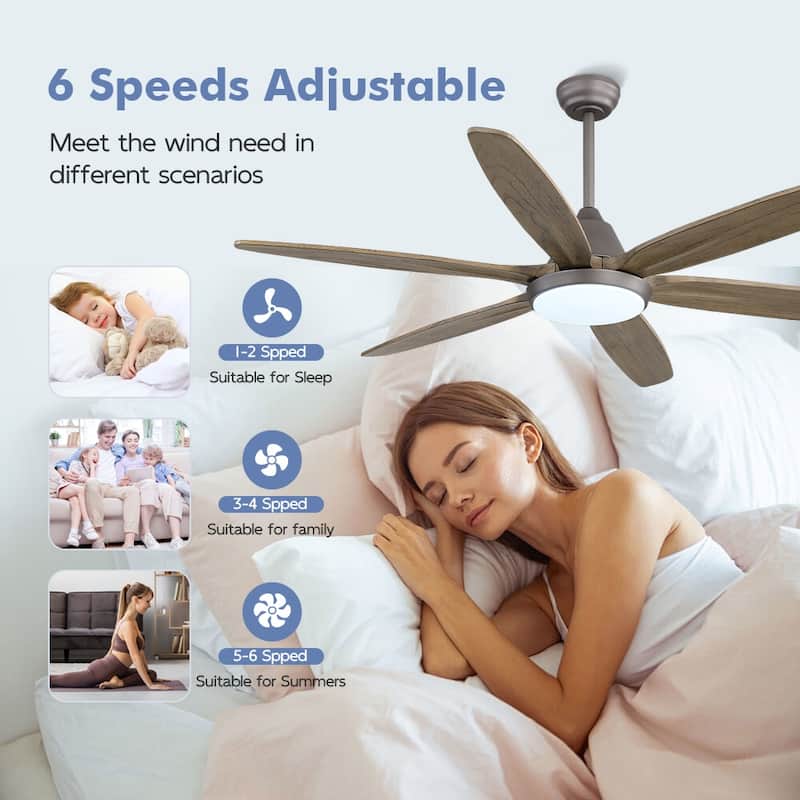 MLiAN Wood Blade LED Ceiling Fan Remote Control 6-Speed DC - 60''