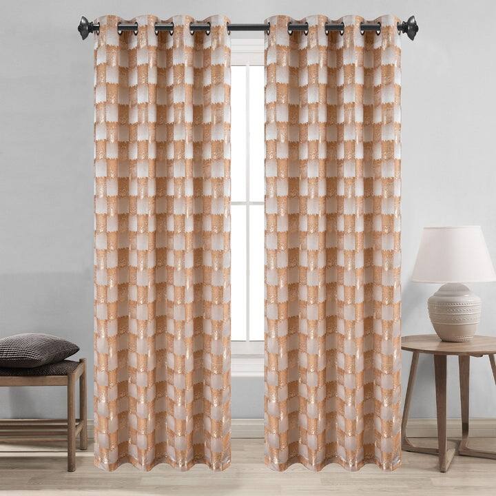 Noelle Checkered Geometric Jacquard Grommet Window Curtain Panel, 54x90 Inches - 54 x 90 Inches - Gold