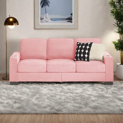 84.25" Velvet 3-Seater Sofa with Cup Holder Armrests and High-Density Spring Cushions
