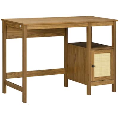 Space-Saving Small Computer Desk with Storage Shelf & Rattan Cabinet, Writing Desk Home Office Desk Workstation Table