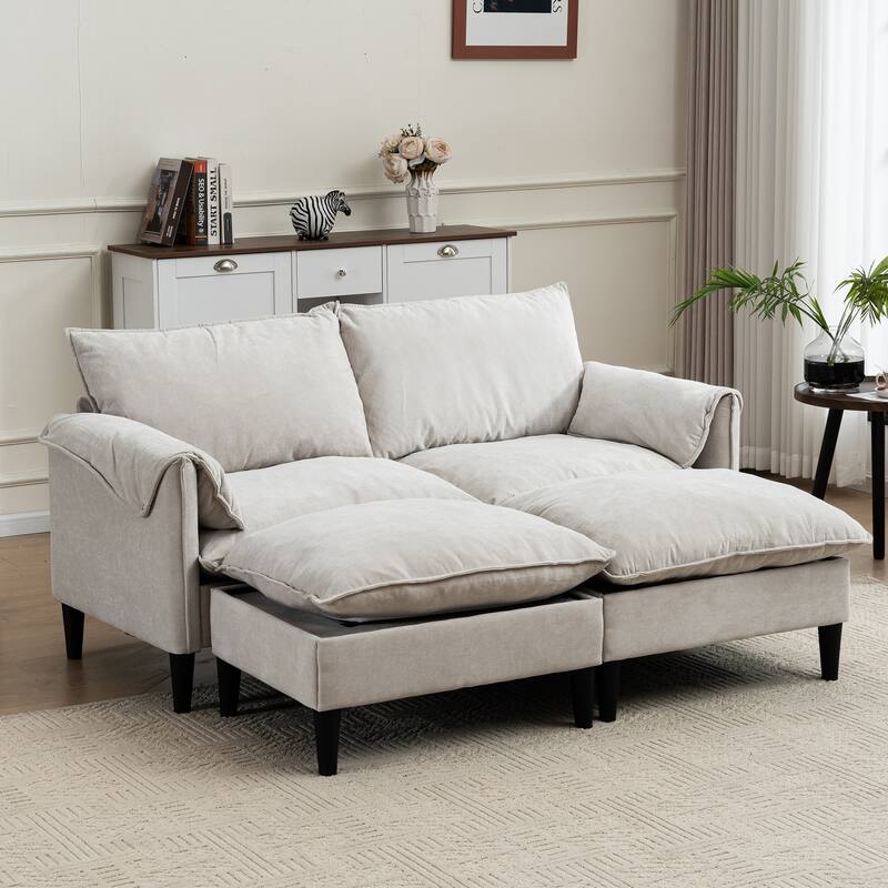 Convertible U-Shaped 2-Seater Beige Sofa with Footstools and Storage for Living Room, Bedroom, Office or Small Space