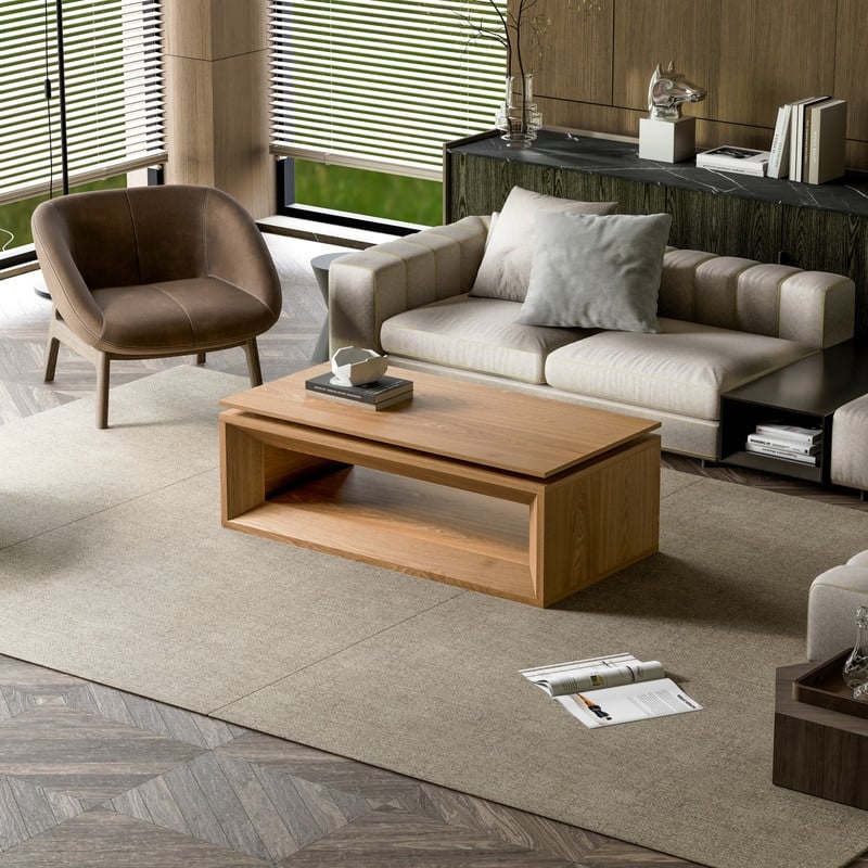 43.3" Lift-Top Coffee Table, Solid Wood Veneer Modern Accent Table with Storage and Adjustable Height