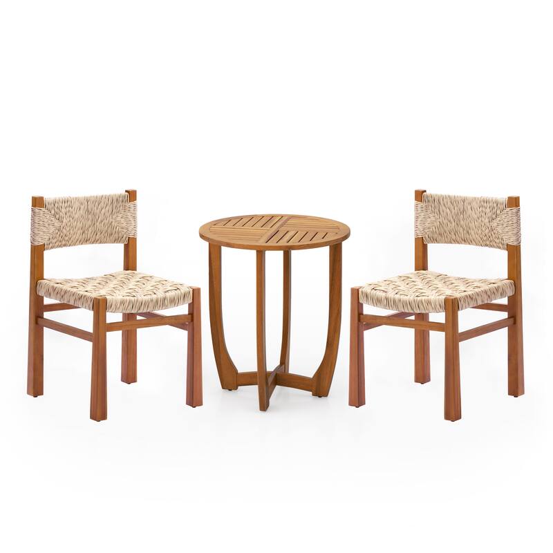 Christopher Knight Home - Nellie 3-Piece Outdoor Acacia Wood Dining Set with Wicker Woven Chairs & 27.5" Round Slat Table
