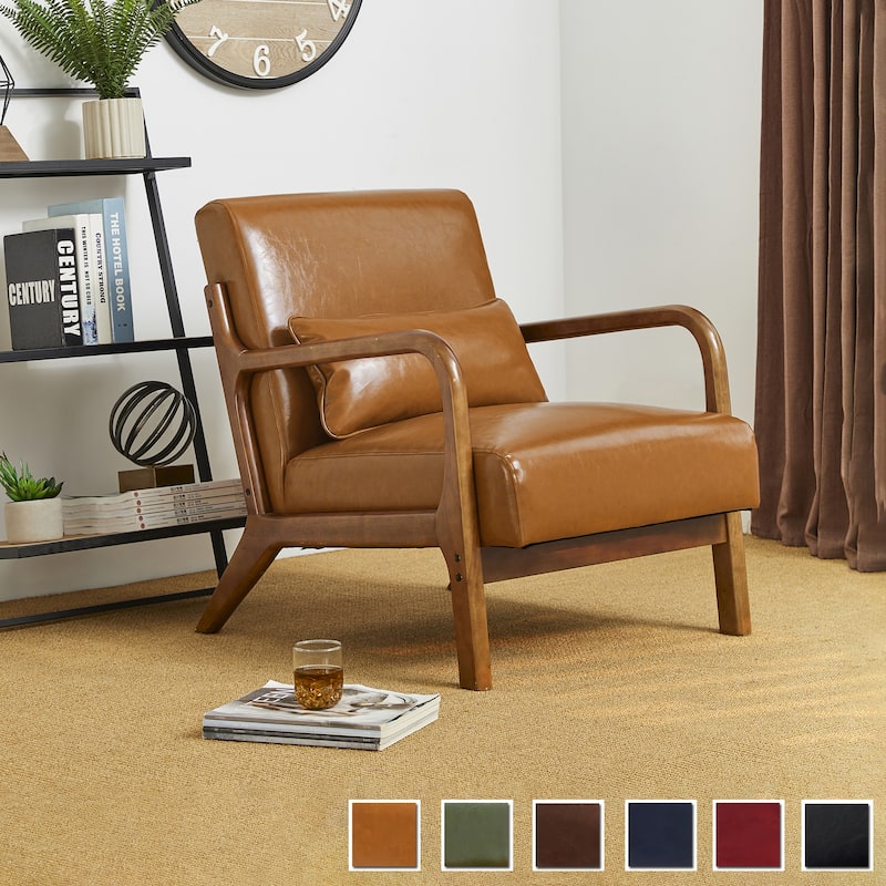 Glitzhome 30.75"H Mid-Century Modern PU Leather Armchair Accent Chair with Pillow - 25.75"W x 33.75"D x 30.75"H