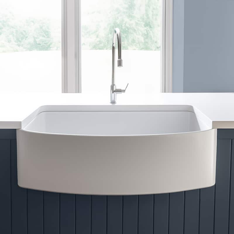 Austen Crisp White Fireclay 33" Single Bowl Farmhouse Apron Front Bow Undermount Kitchen Sink and Drain