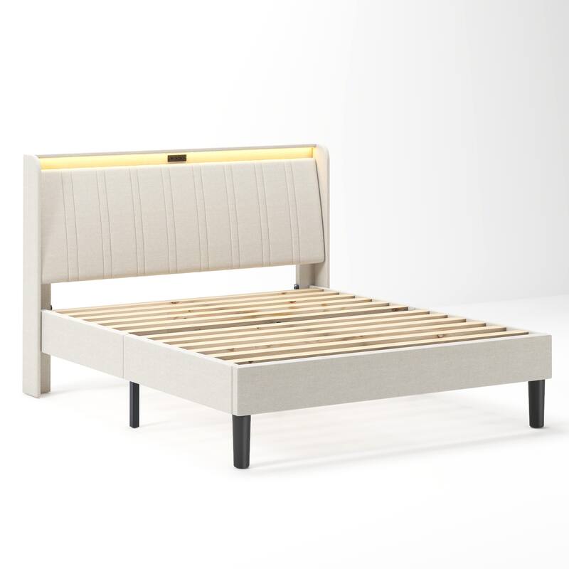 Platform Bed Frame with Fabric Upholstered Headboard and Wooden Slats Support, Fully Upholstered Mattress