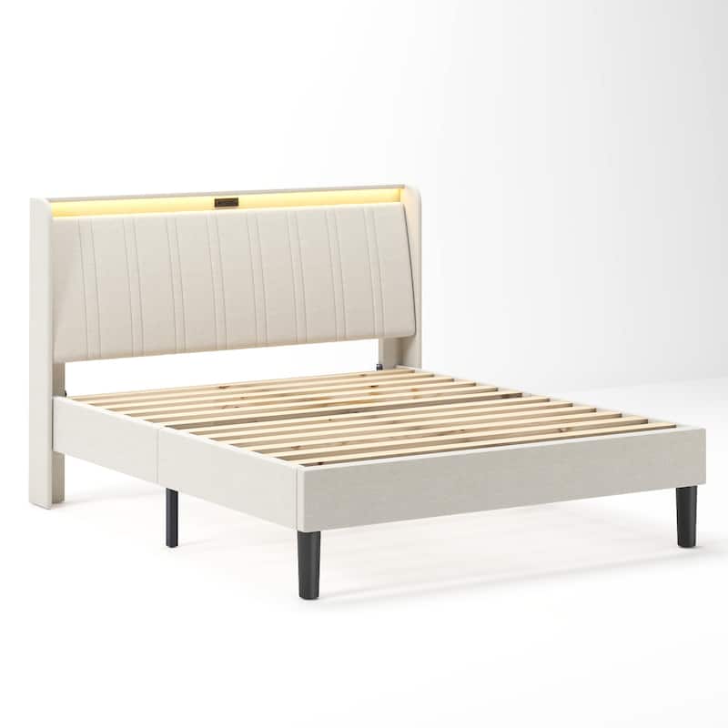 Platform Bed with Headboard and Charging Station, Beige