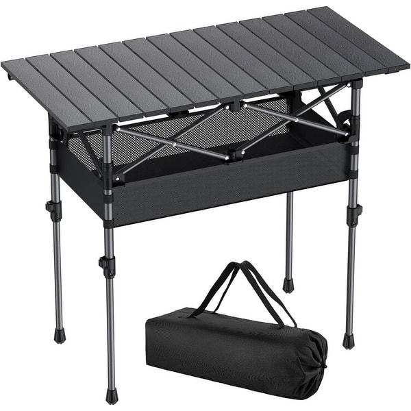 slide 2 of 5, Adj. Height Aluminum Camping Table w/Storage Net & Bag - Black Black