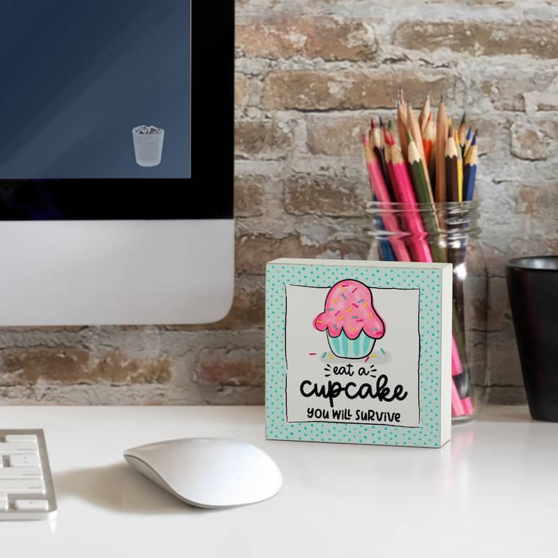 Wood Block Décor Message Eat A Cupcake Sign, 3.75 inches Square, Made in The USA - Multi-53