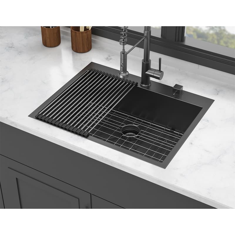 Black Drop Sink, 28x22 inch Drop in Kitchen Sink Gunmetal 16 Gauge