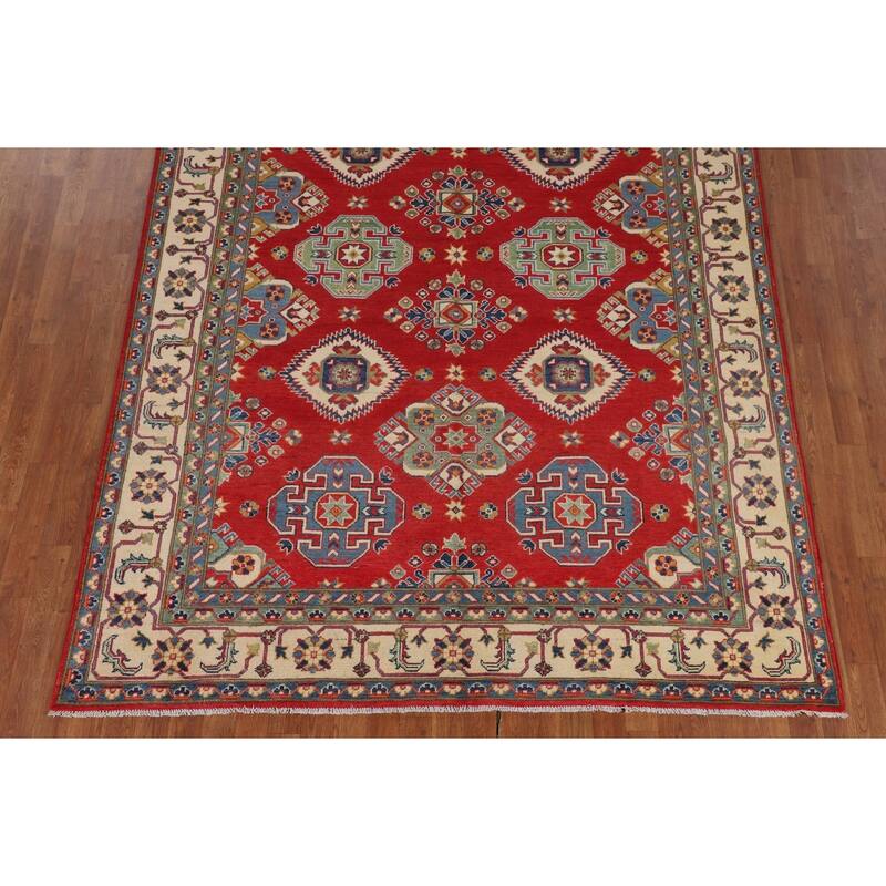 Geometric Red Kazak Area Rug Living Room Hand-Knotted Wool Carpet - 6'8" x 10'3"
