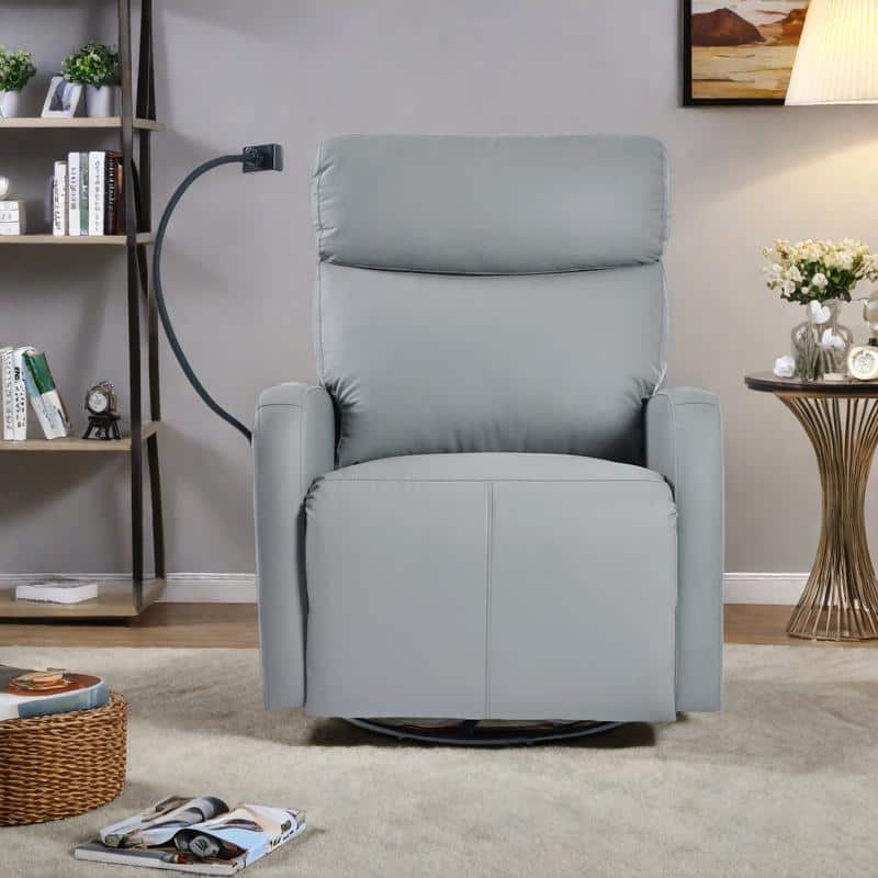 PU Power Swivel Recliner Chair with 270° Rotation, Electric 95-160° Recline and Dual USB Ports - 330lb Capacity - Blue Gray