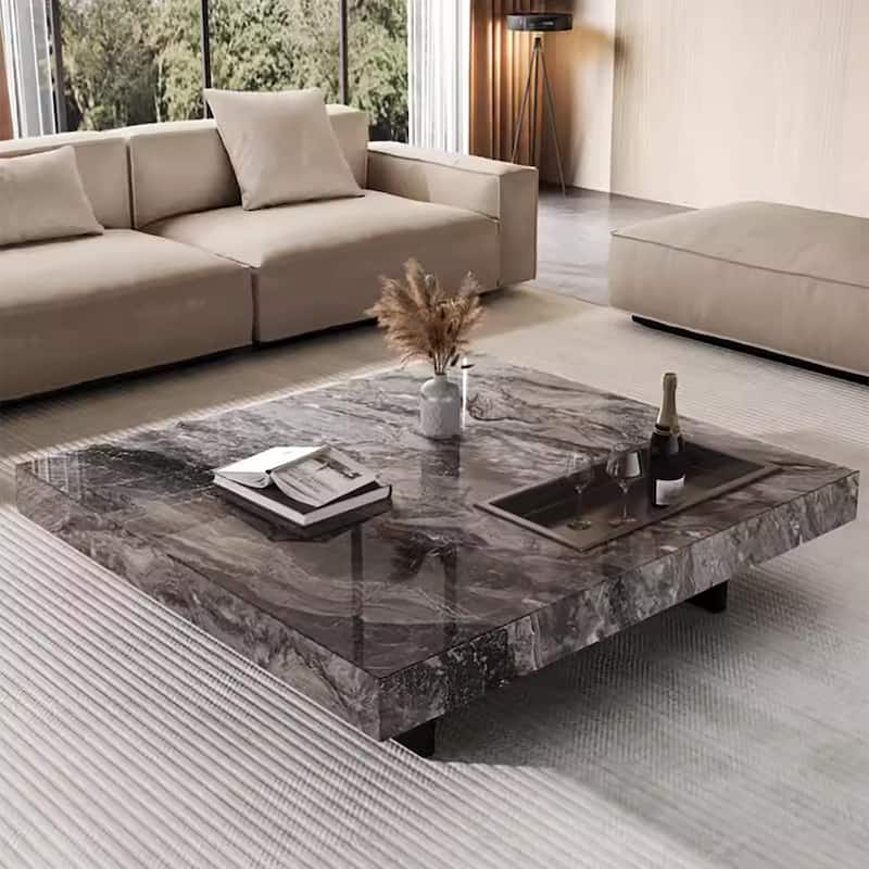 Modern 42" Faux Marble Square Coffee Table，Glossy Sintered Stone Tabletop