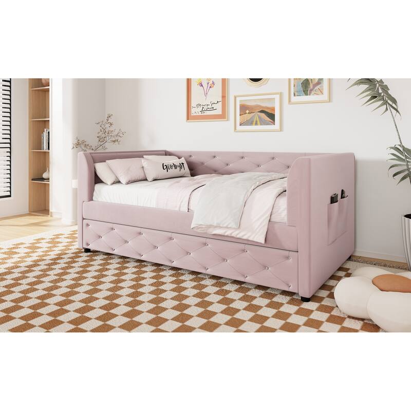 Twin Velvet Tufted Daybed with Trundle & Storage - 400LB Capacity
