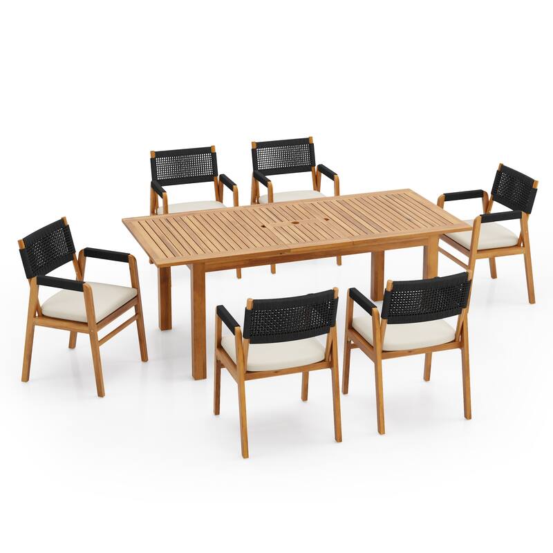 Christopher Knight Home- Ethan Outdoor 7-piece Expandable Acacia Wood Dining Set with Rope-Woven Armchairs