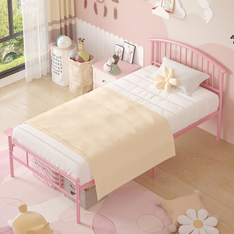 VECELO Kids Bed Frame with Headboard & Metal Slat,Twin Size Bed Set of 2