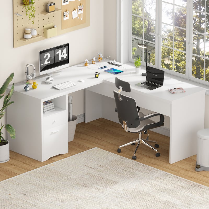 Modern Farmhouse Lift Top L-Shaped Desk with Charge Station, Corner Desk with File Drawers for Home Office