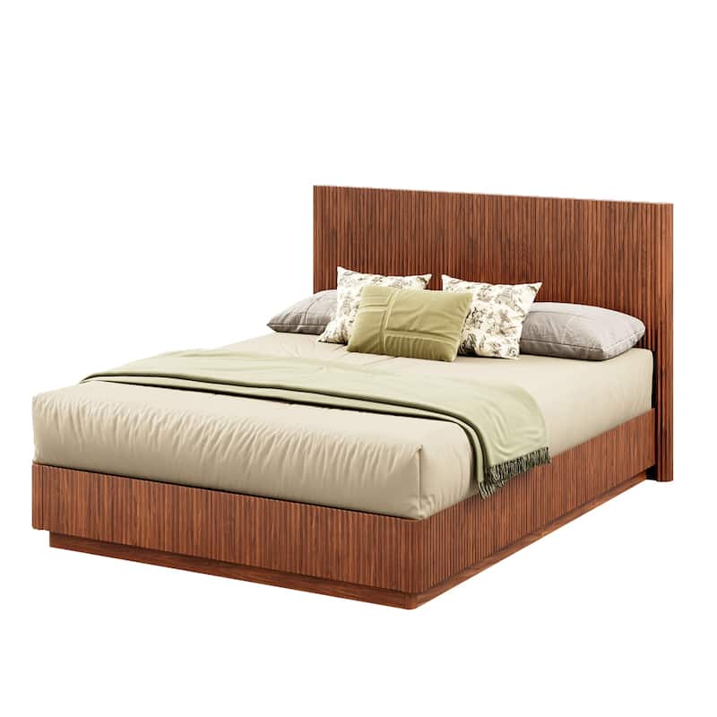 Queen Size Bed Frame, Modern Wooden Corrugated Curved Lines, Convex Groove Board Design, Walnut