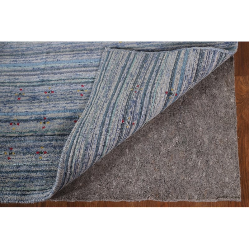 Striped Blue Gabbeh Indian Area Rug Hand-Knotted Oriental Wool Carpet - 7'8"x 9'7"