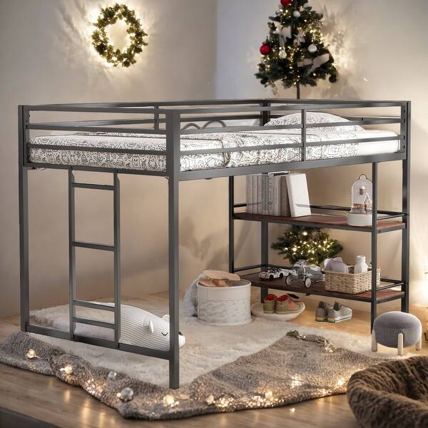 slide 2 of 10, Twin Size Loft Bed with Functional Shelf and Guardrails Black