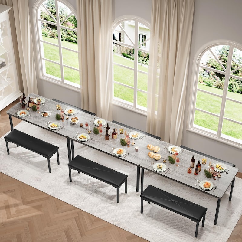 Dining Table Set for 4, Kitchen Table with 2 Benches with Metal Frame, Space-Saving - Black