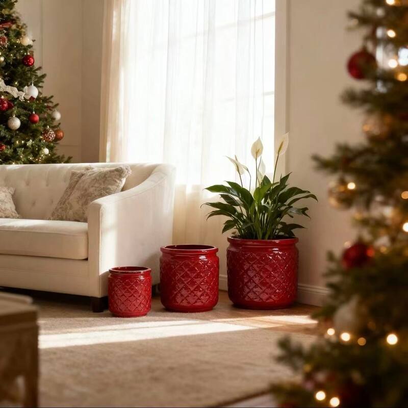 Anmytek Handmade Ceramic Planter Set of 3 Burgundy Diamond Pattern