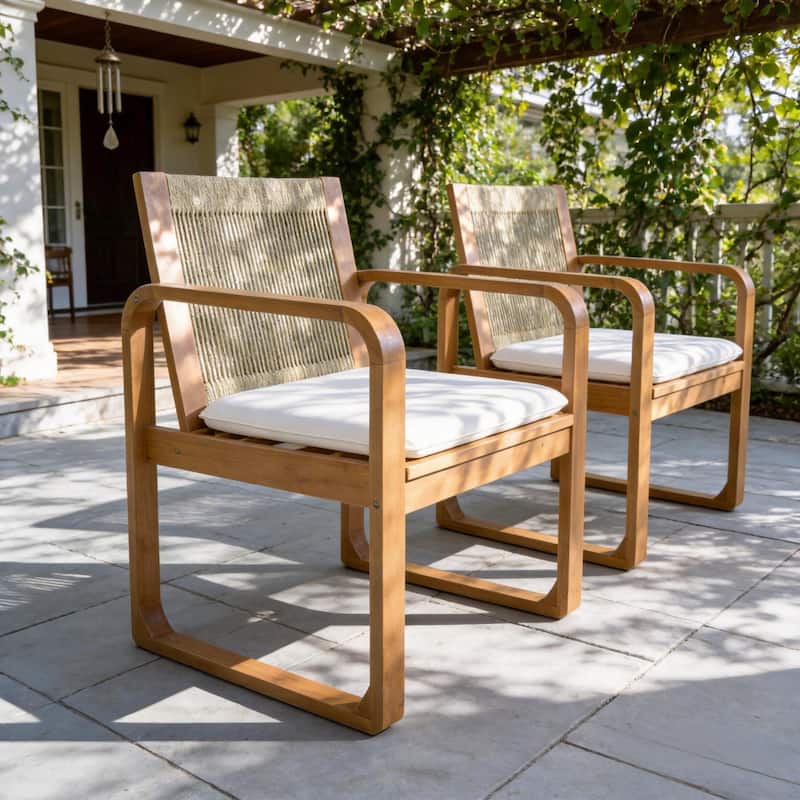 Christopher Knight Home - Outdoor Acacia Wood Dining Chairs Set with Rope Back and Water-Resistant Cushion