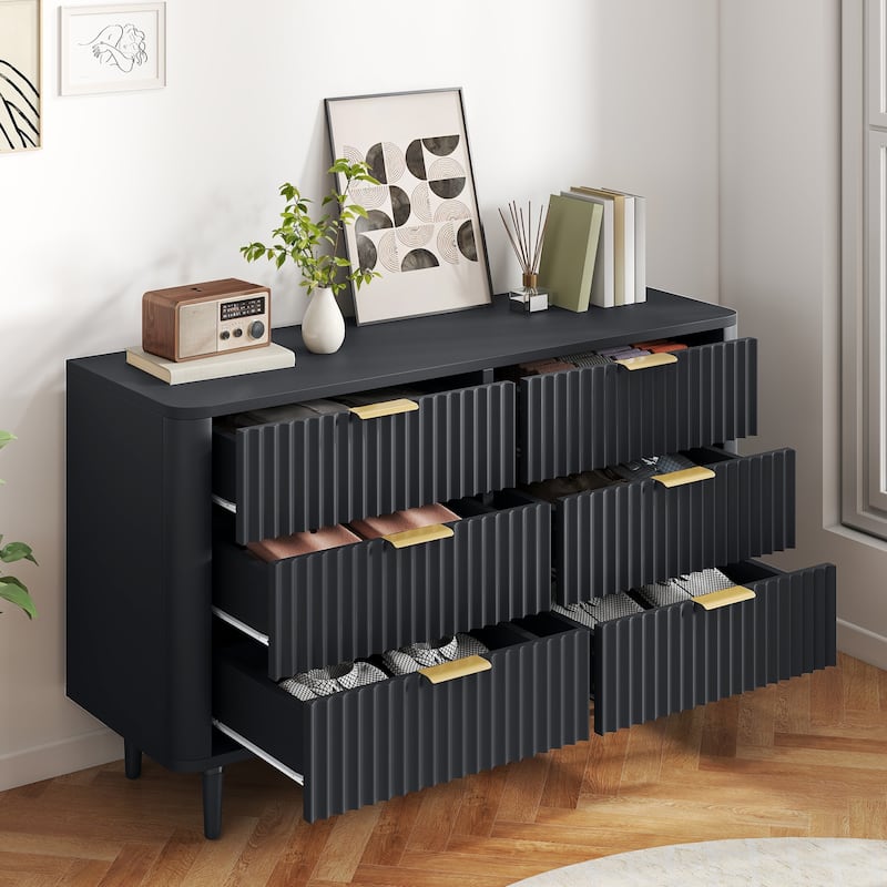 Moasis 6 Drawer Dresser Wood Storage Dresser Organizer with Waveform Fluted Panel