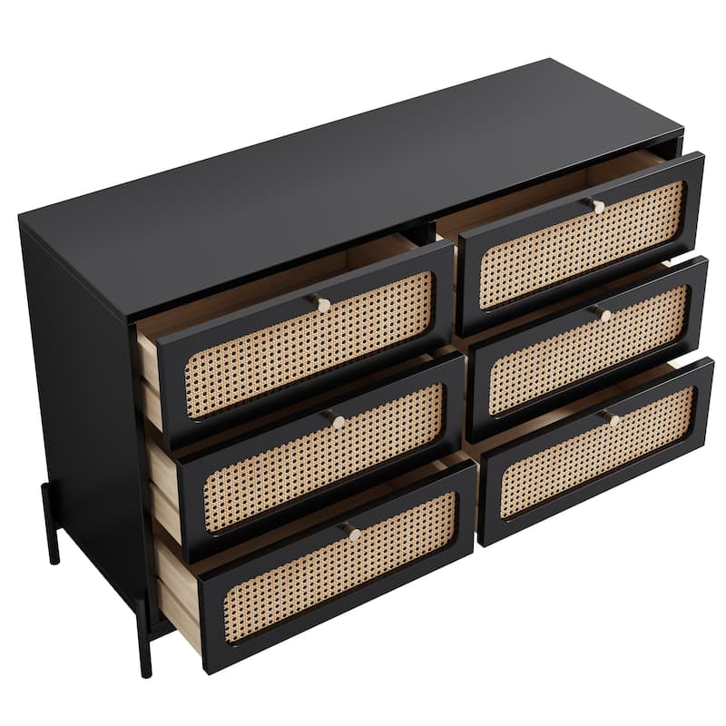 Modern Rattan Dresser with Metal Legs and 6 Storage Drawers, Ideal for Bedroom, Living Room, or Entryway
