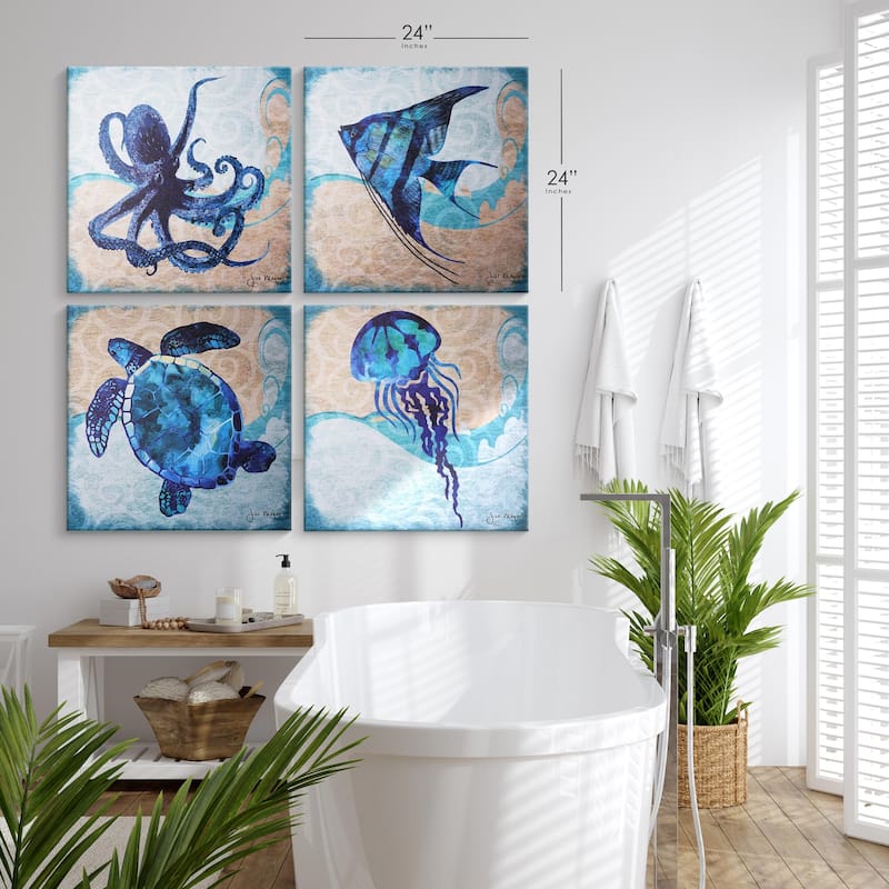 Sea Creatures Turtle Jellyfish Octopus Angelfish - 4 Piece Canvas Set - 24" x 24"