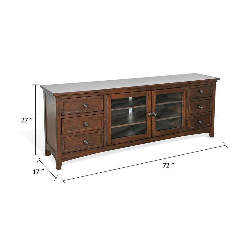 Xyla 72 Inch TV Stand Media Cabinet, Glass Door, 6 Drawers, Brown