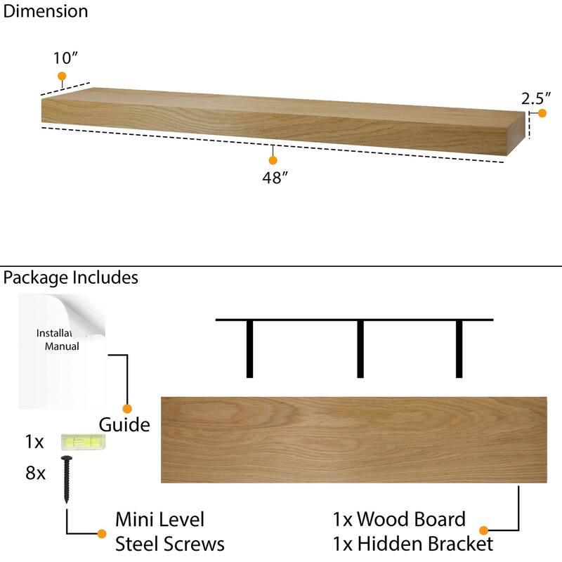 Wallniture OAKEN 48-60 inch Long, 10" Deep, 2.5" thick Floating Shelf with Hidden Bracket, Bookshelf, Farmhouse & Boho Decor