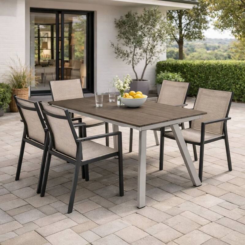 Zia 59 Inch Outdoor Table, Polyresin Plank Top, Smooth Gray Aluminum Frame